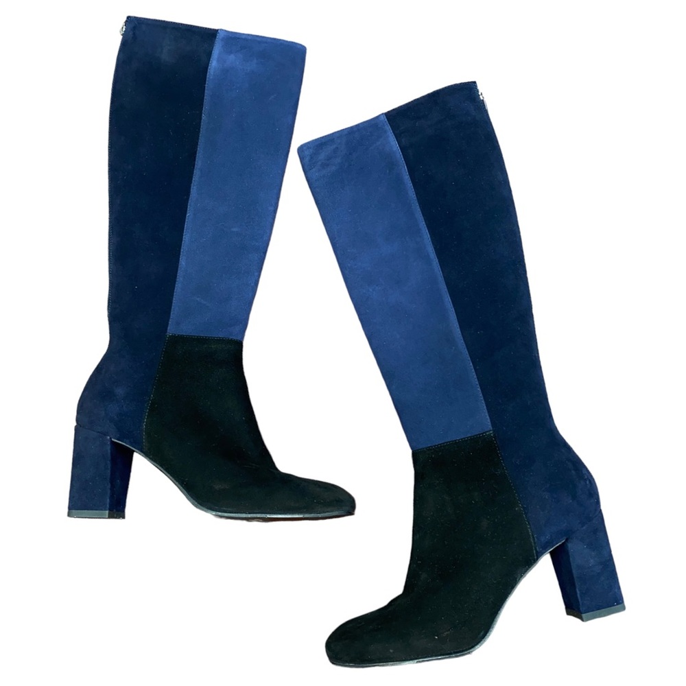 Aquatalia Quiz Suede Navy Color Block Knee High Boots Size 7.5